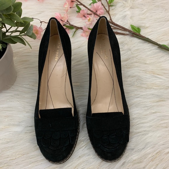 Kate Spade Suede Fringe Kiltie Heeled Loafer Black - Picture 2 of 7